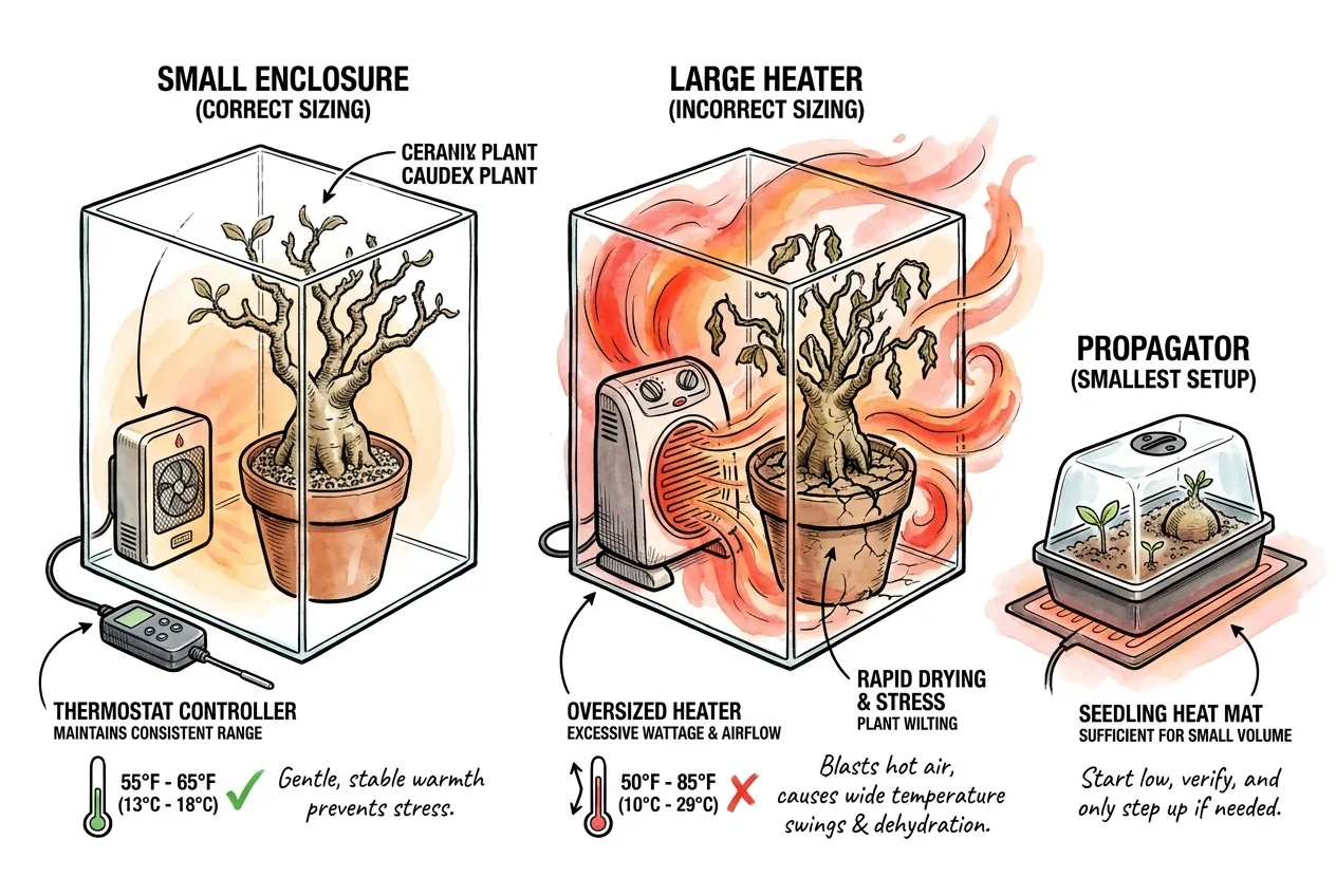 Heat-source sizing illustration; do not infer a fixed wattage because heat loss depends on volume, glazing, insulation, leakage, and temperature difference