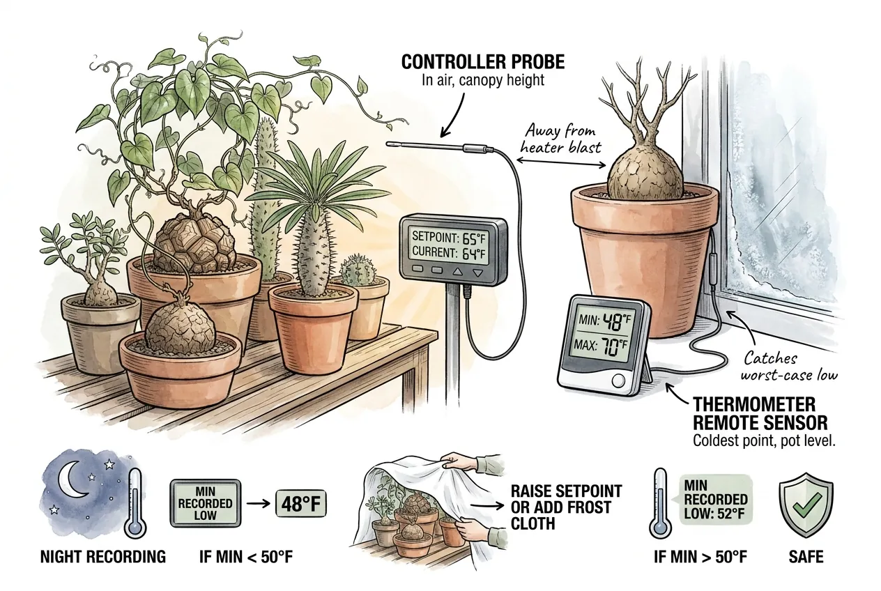 Diagram of controller and independent sensor placement; measure the coldest plant-level air without touching glass or sitting in a heater stream