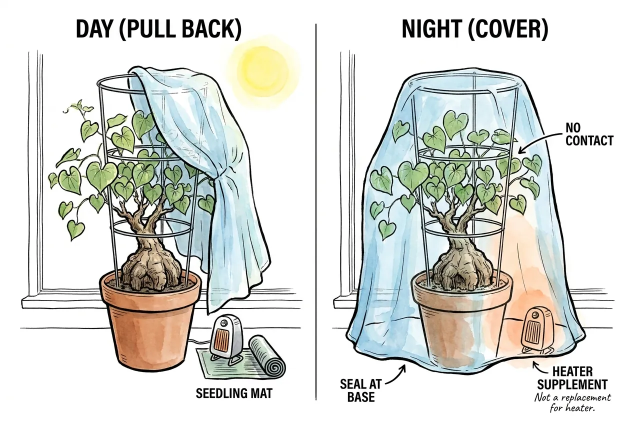 Row-cover setup illustration; use outdoors as a temporary cover, anchor edges, remove by day, and keep away from heaters