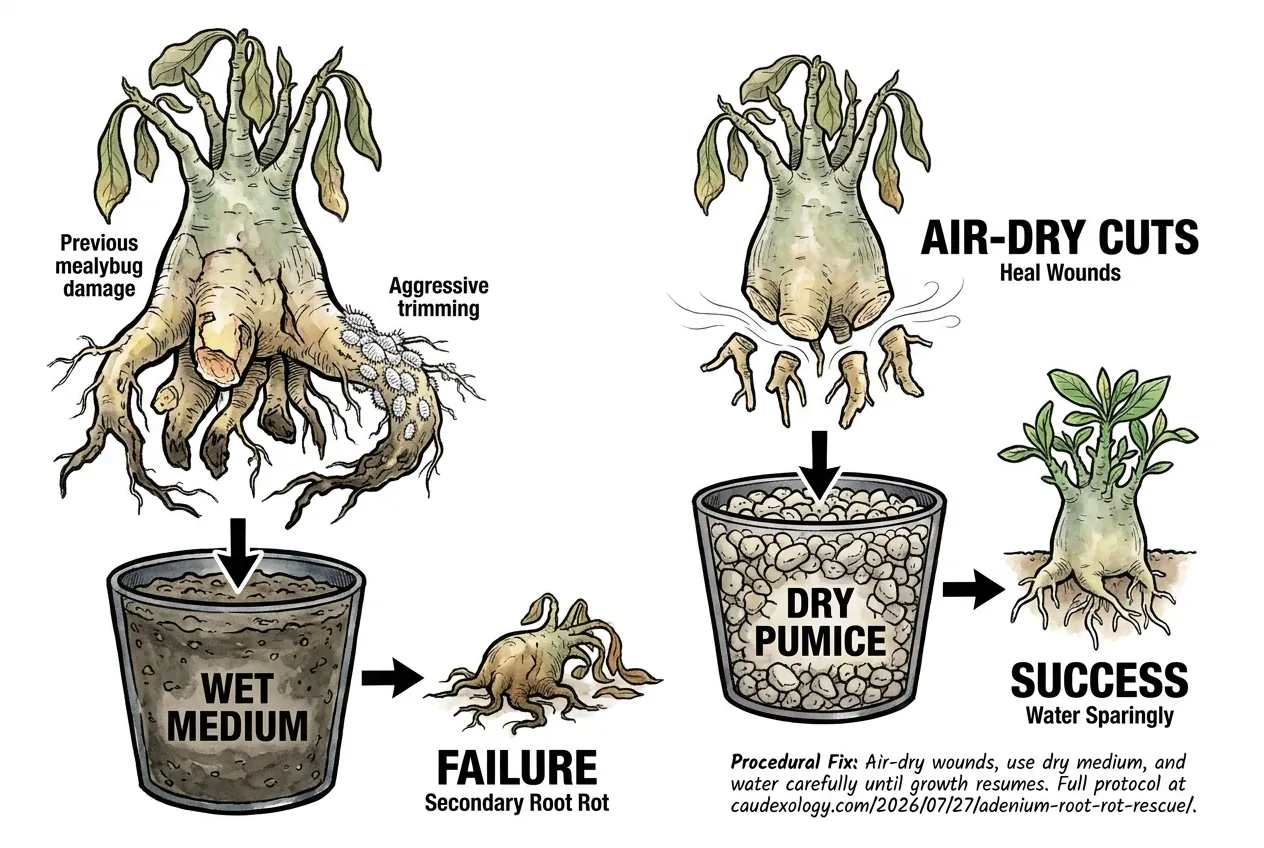 Damaged caudex roots showing why unnecessary cutting and wet conditions can add a rot problem