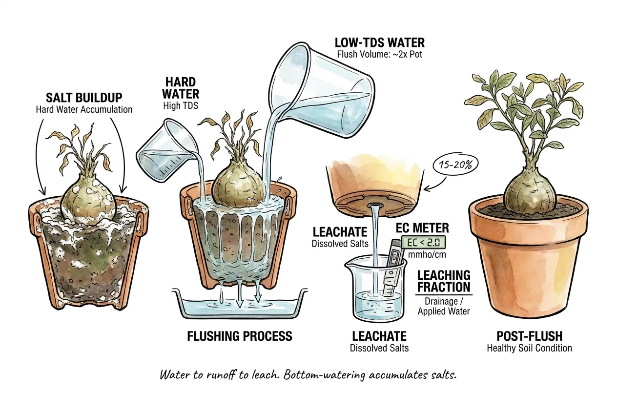 Sequence for leaching salts from a caudex pot with low-EC water, free drainage, and an EC check of collected leachate.