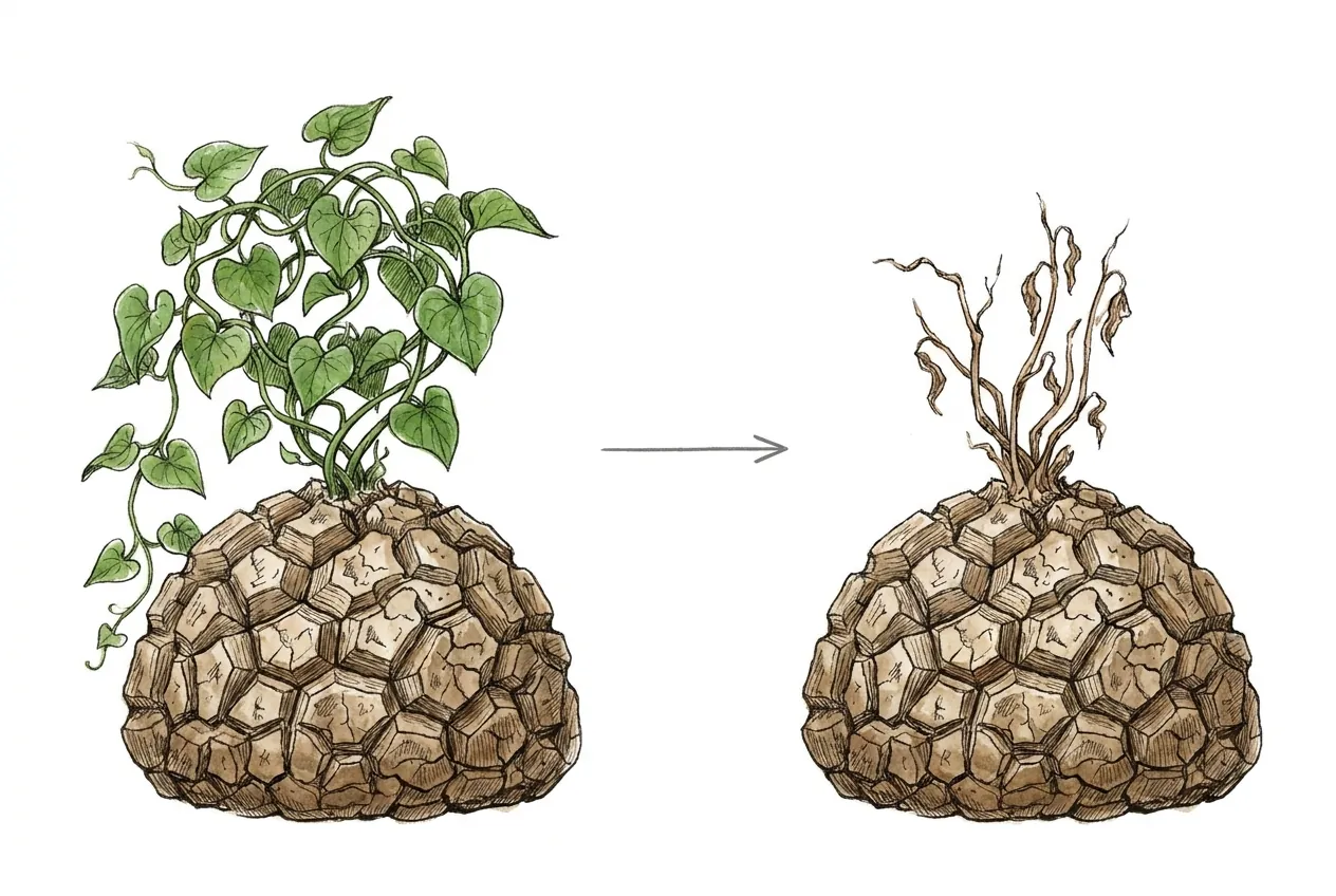 Bare Dioscorea elephantipes caudex resting through summer with vines dropped