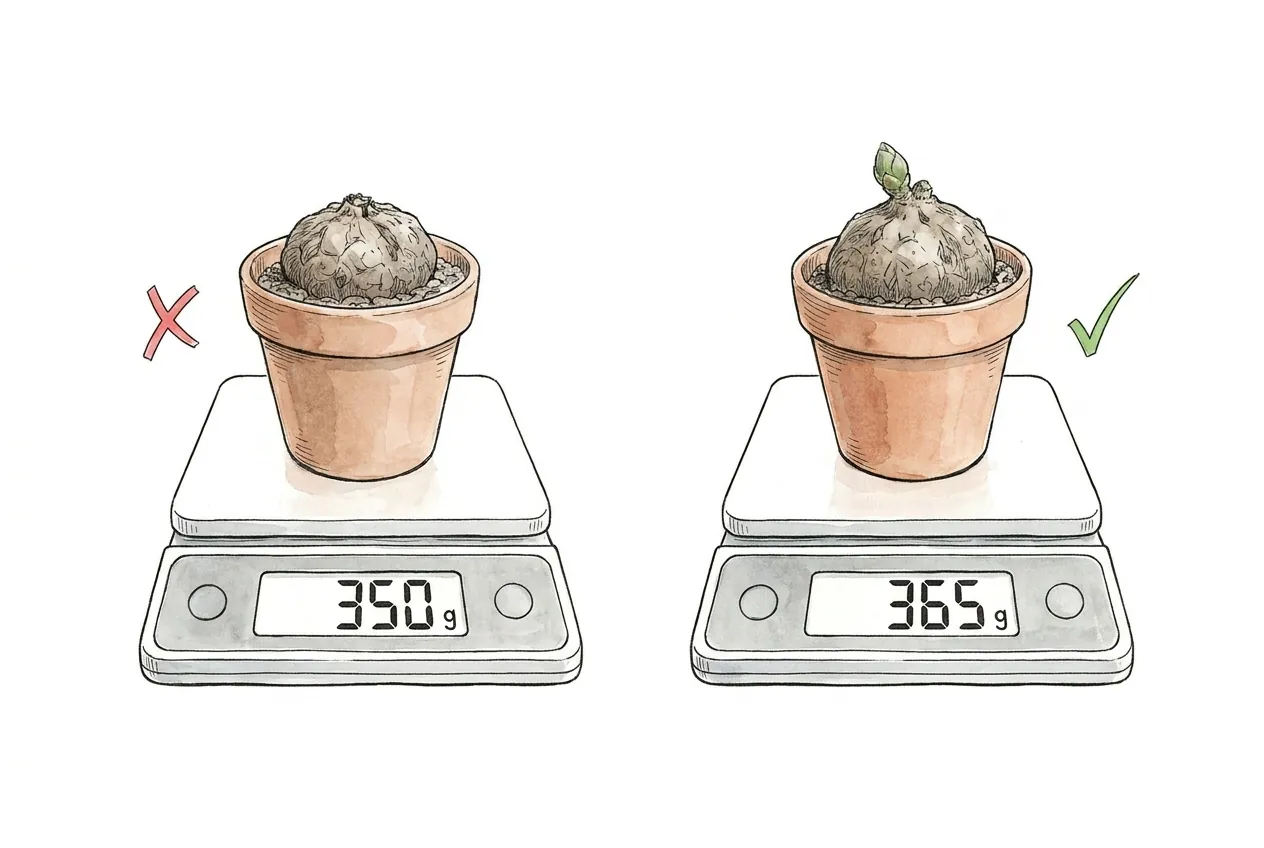 Swelling bud and new root on a tuber weighed weekly on a scale