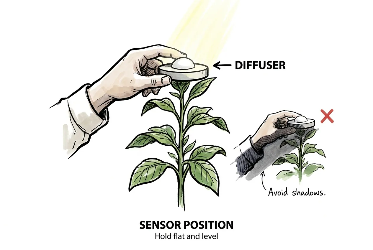 Diagram of a light sensor held horizontally at plant canopy height while the hand stays outside the light path