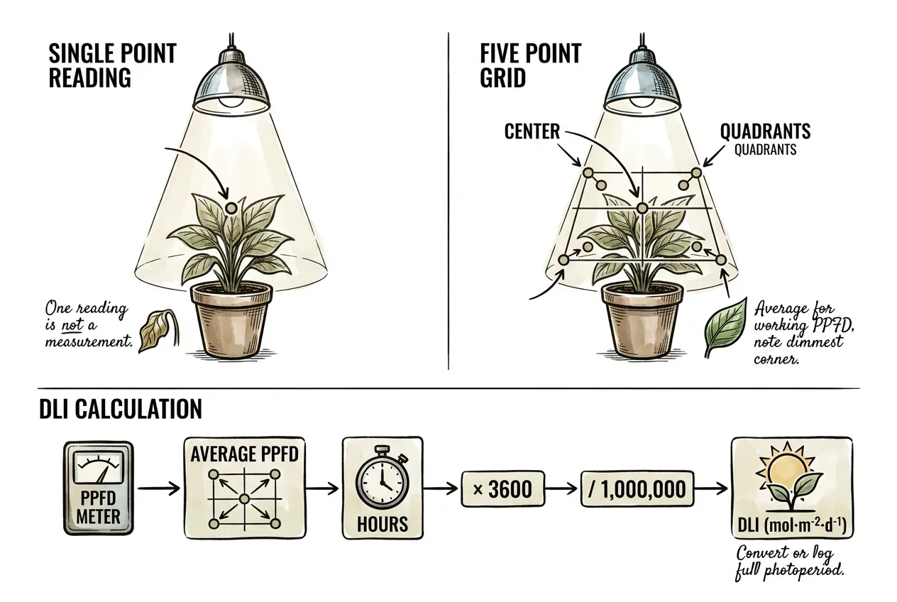 Diagram comparing one center reading with a multi-point canopy light map and a fixed-light DLI calculation