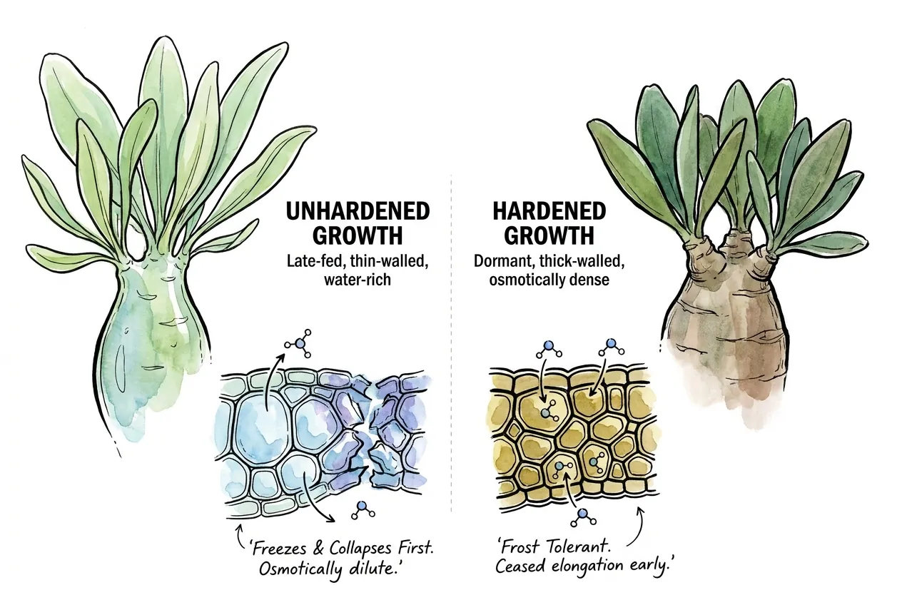 Unhardened thin-walled growth compared with dormant hardened caudex tissue at cell level