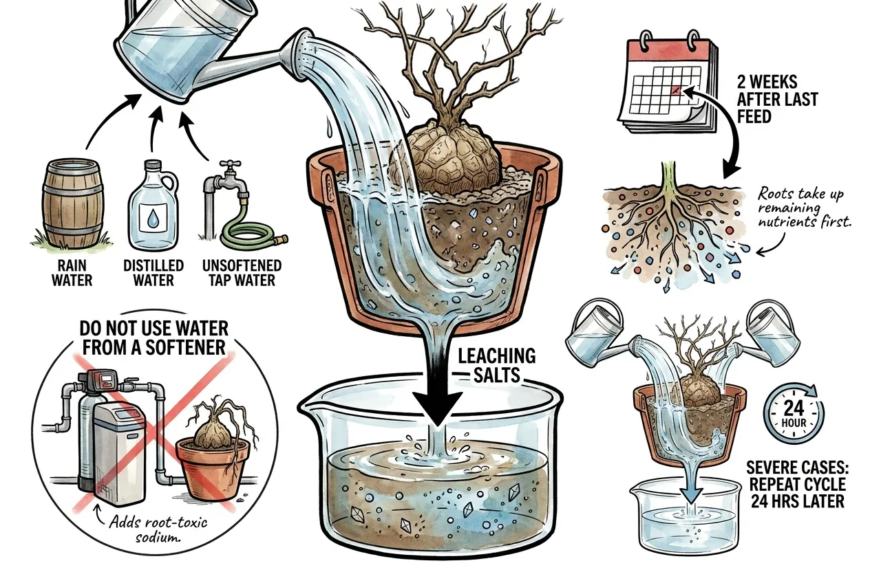 Clean water poured through a caudex pot leaching salts, with softened water crossed out
