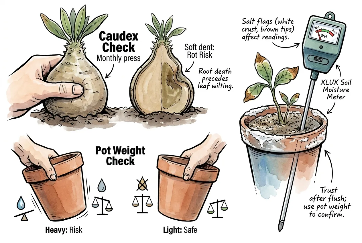Monthly winter checks: thumb press on caudex, pot weight comparison, and salt crust flags