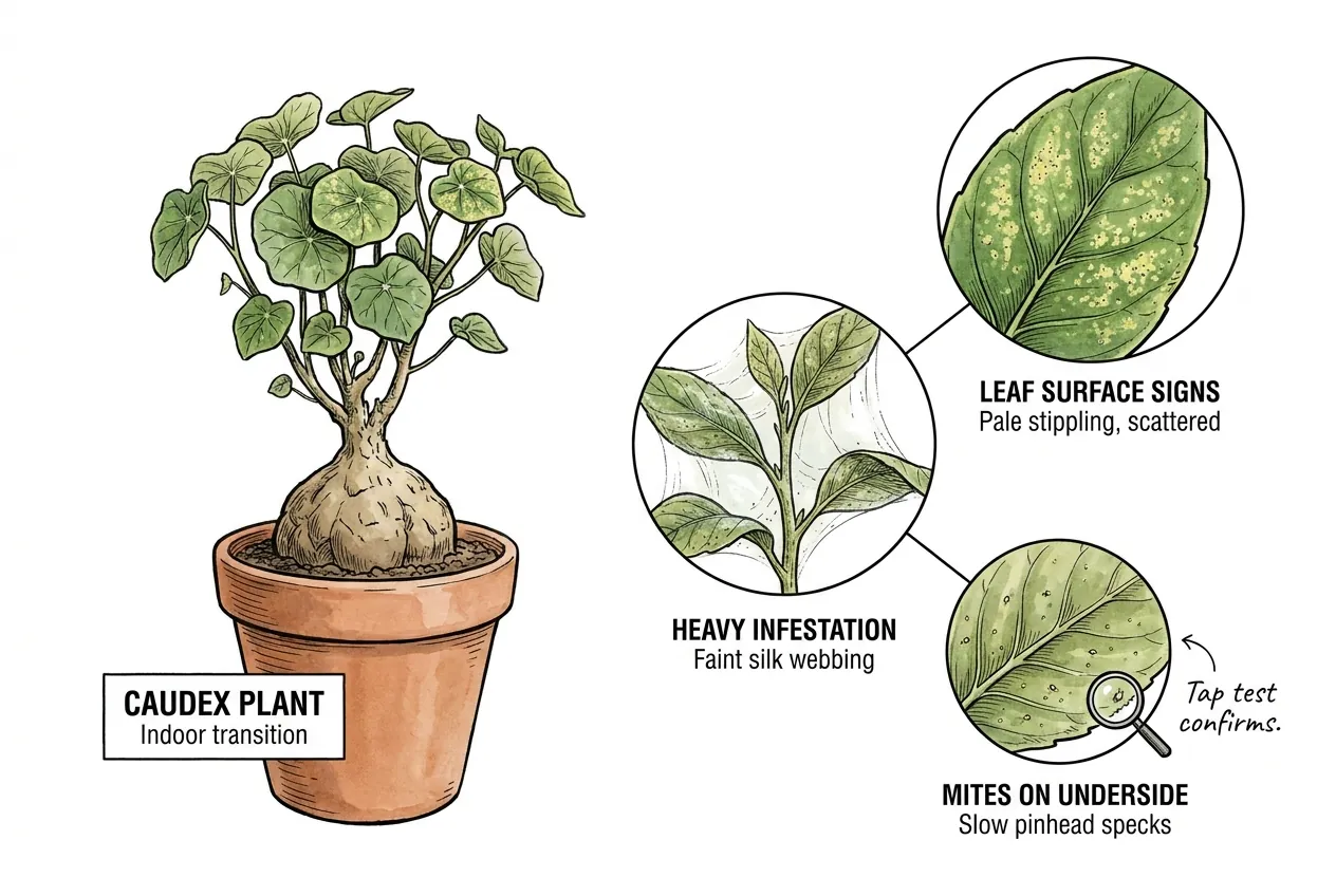 Botanical illustration of a caudex plant with callouts showing pale stippling on the upper leaf surface, faint silk webbing, and slow pinhead mites on the leaf underside confirmed by a tap test.