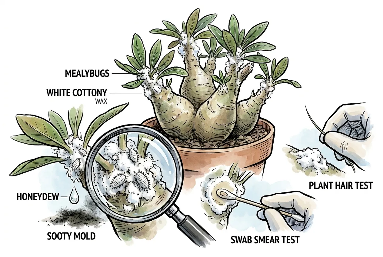 Botanical illustration of a caudex plant with mealybugs shown as white cottony wax in leaf axils, plus callouts for honeydew, sooty mold, the swab smear test, and a plant hair that does not smear.