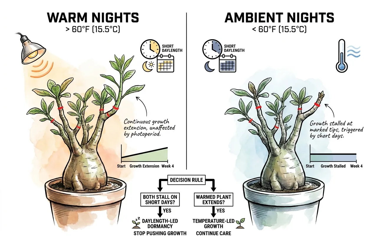 Warm-night plant still extending growth beside stalled ambient-night plant on short days
