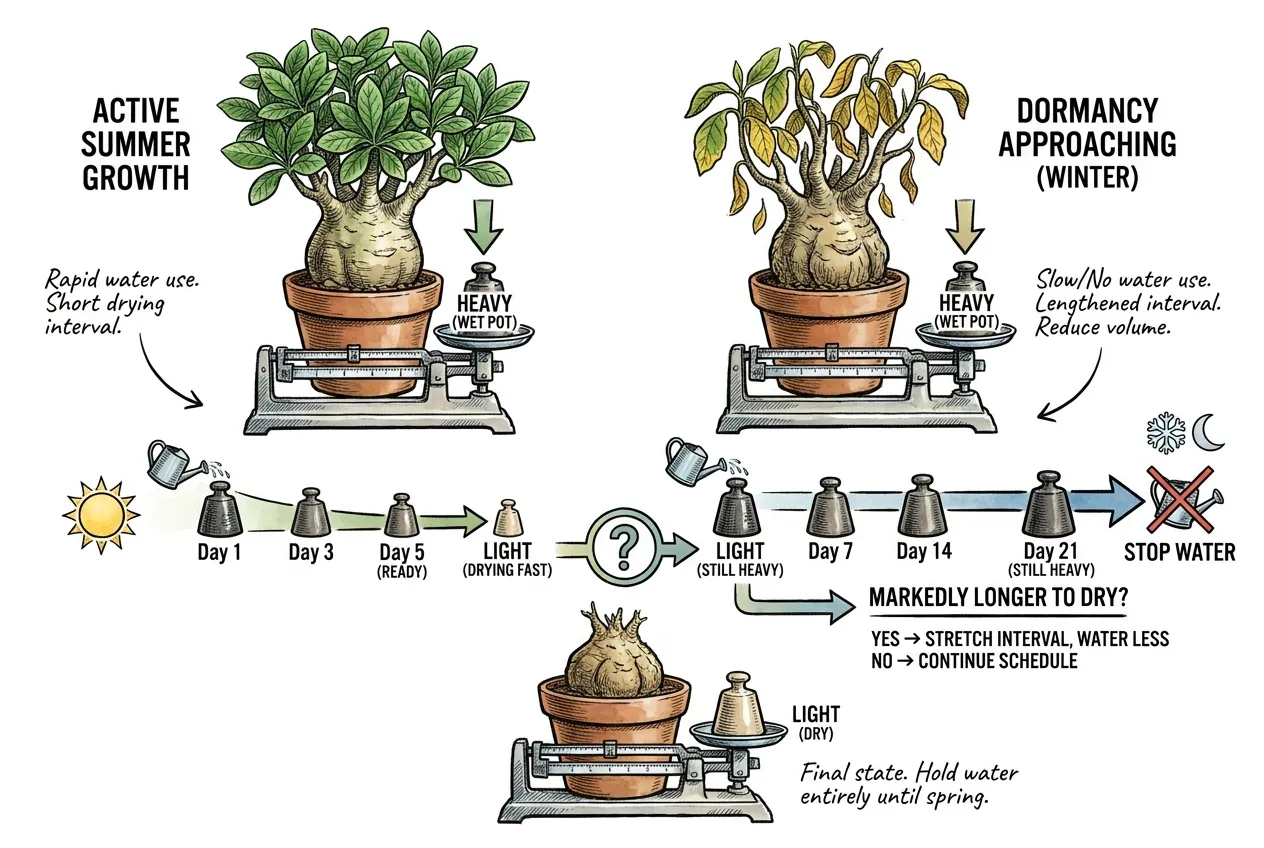 Pot on a scale drying fast in summer versus slowly as dormancy nears