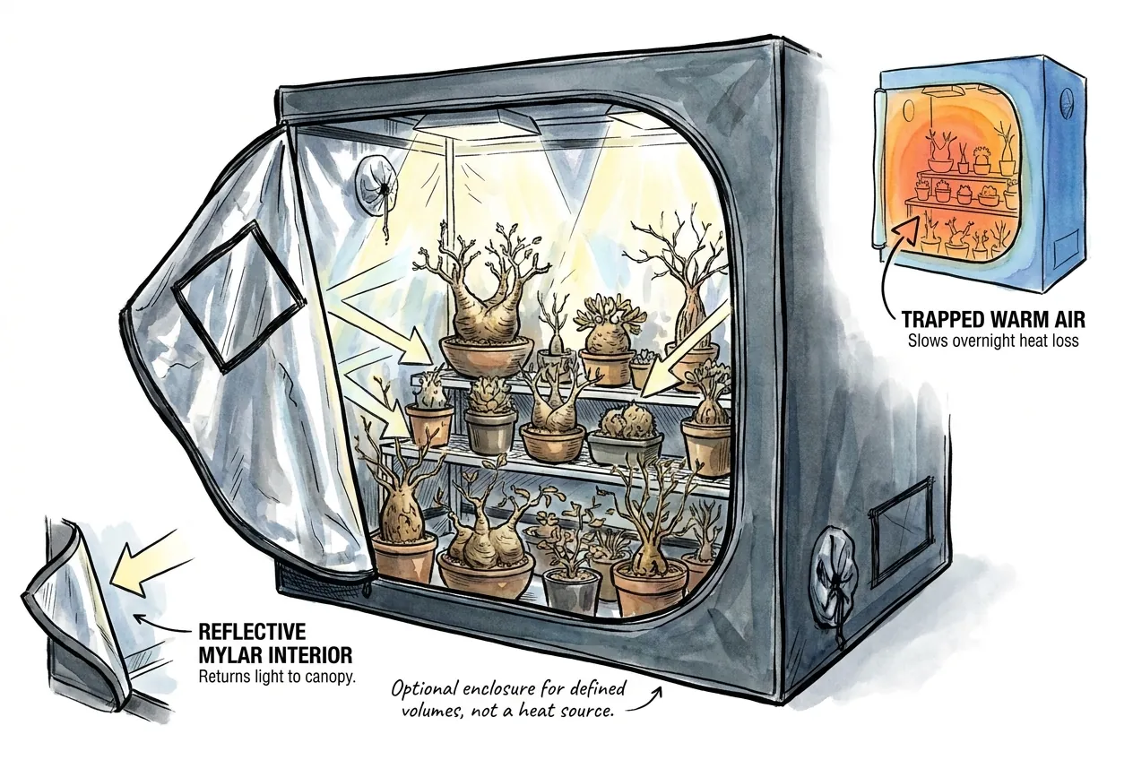 A reflective grow tent holding shelves of caudex plants, labeled to show the mylar interior returning light to the canopy and trapped warm air slowing overnight heat loss