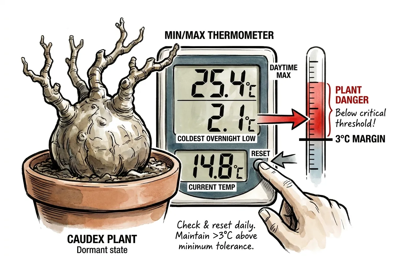 A min-max thermometer beside a dormant caudex showing the coldest overnight low fallen into the danger zone below the plant's critical threshold, with a reminder to reset daily and keep a margin above the species minimum
