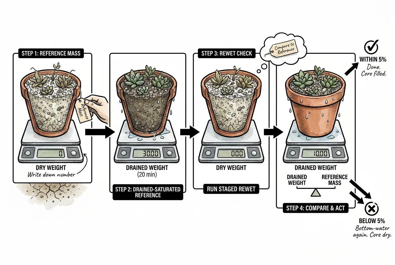Four-step diagram of the pot-weight check on a kitchen scale, moving from dry weight to a drained-saturated reference weight, then a rewet check, ending with comparing the drained weight to within about 5 percent of the reference.