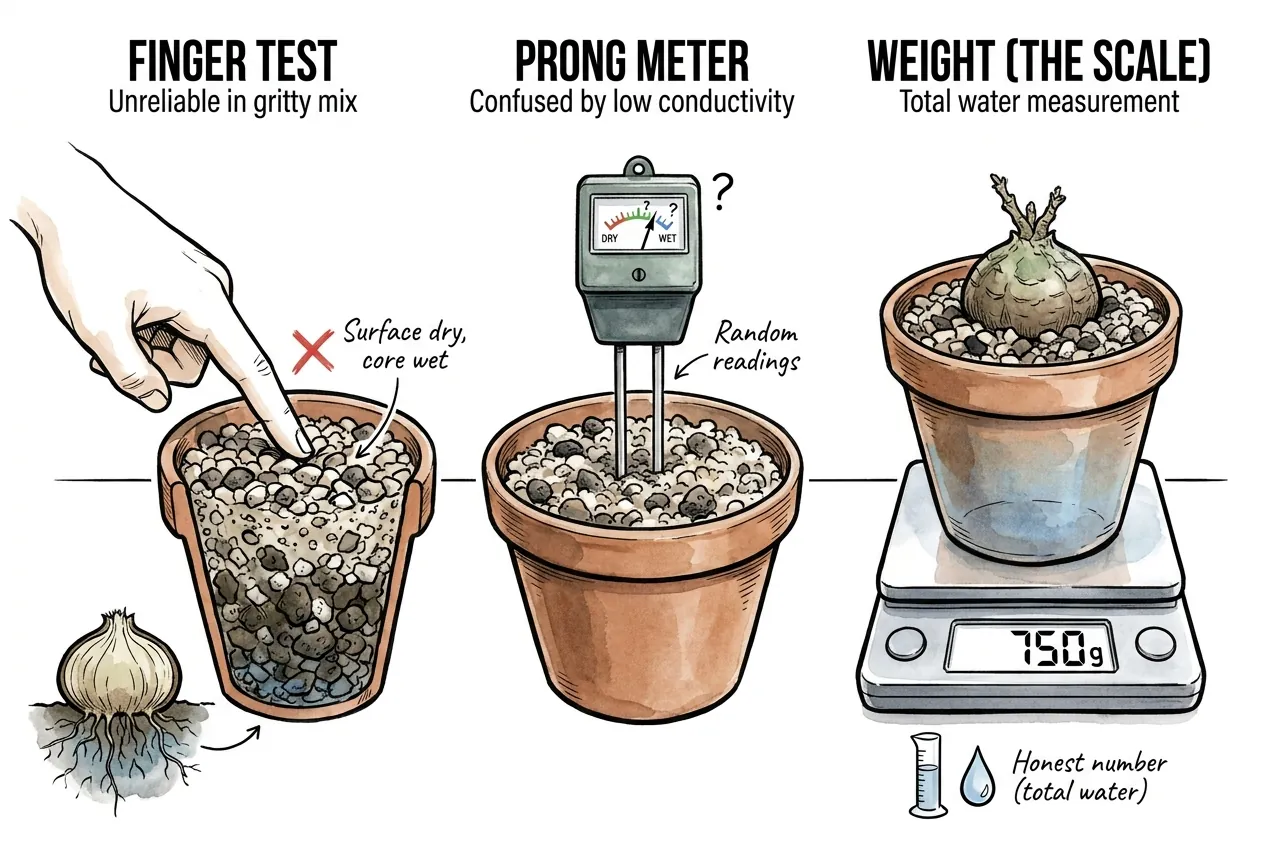 Three-panel comparison showing the finger test and a prong meter failing on gritty caudex mix while a kitchen scale reports total pot water honestly