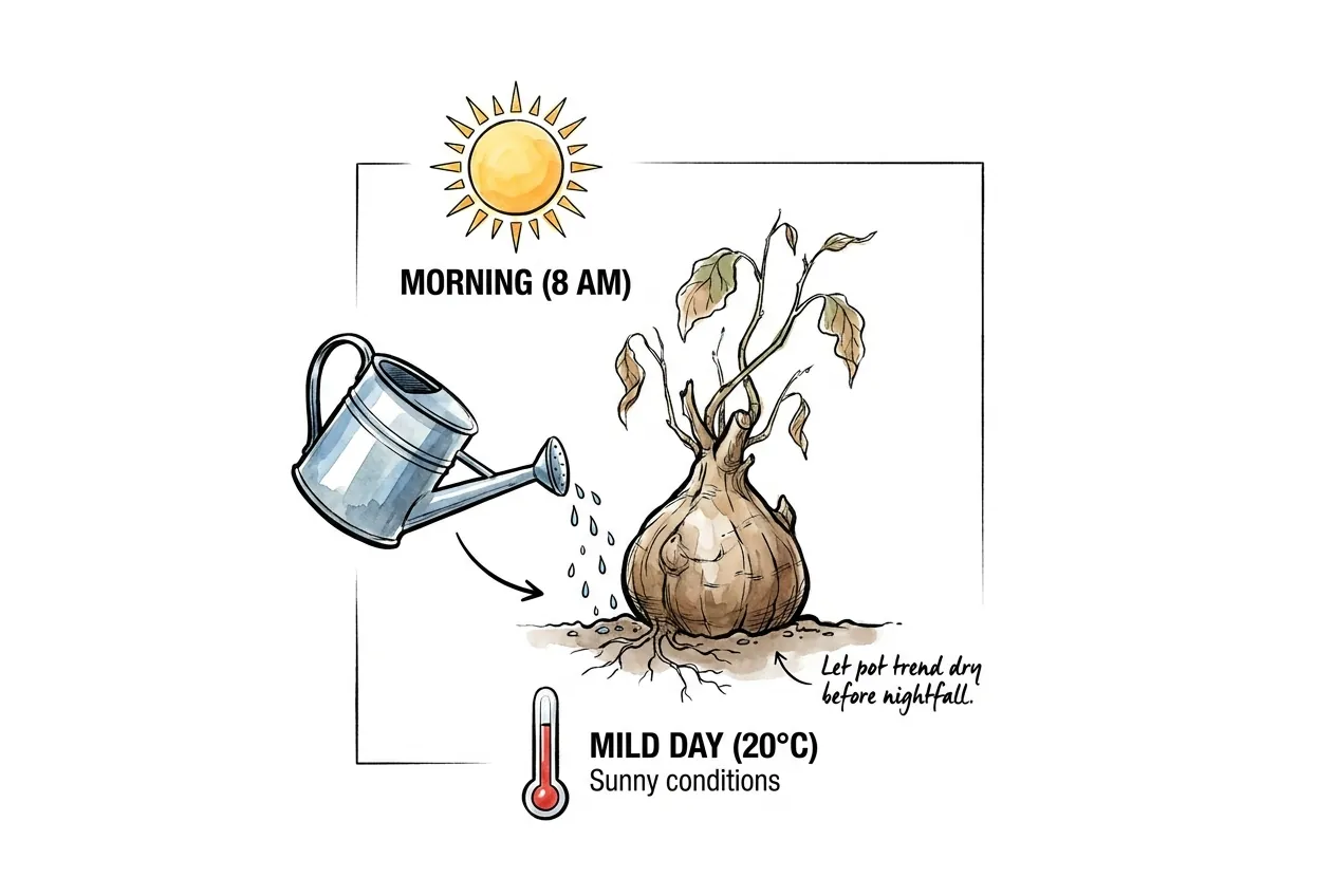 A morning watering can pouring on a caudex on a mild sunny day so the pot trends dry before nightfall