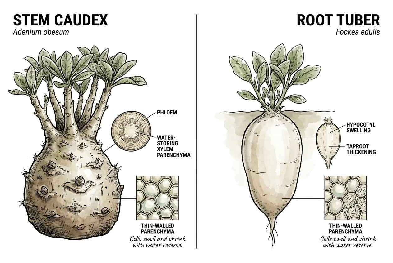 Stem caudex and root tuber cut-away comparison of water storage tissue